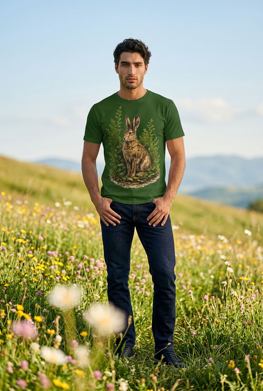 Men's Dark Green Hare T-Shirt – British Wildlife Nature-Inspired Tee