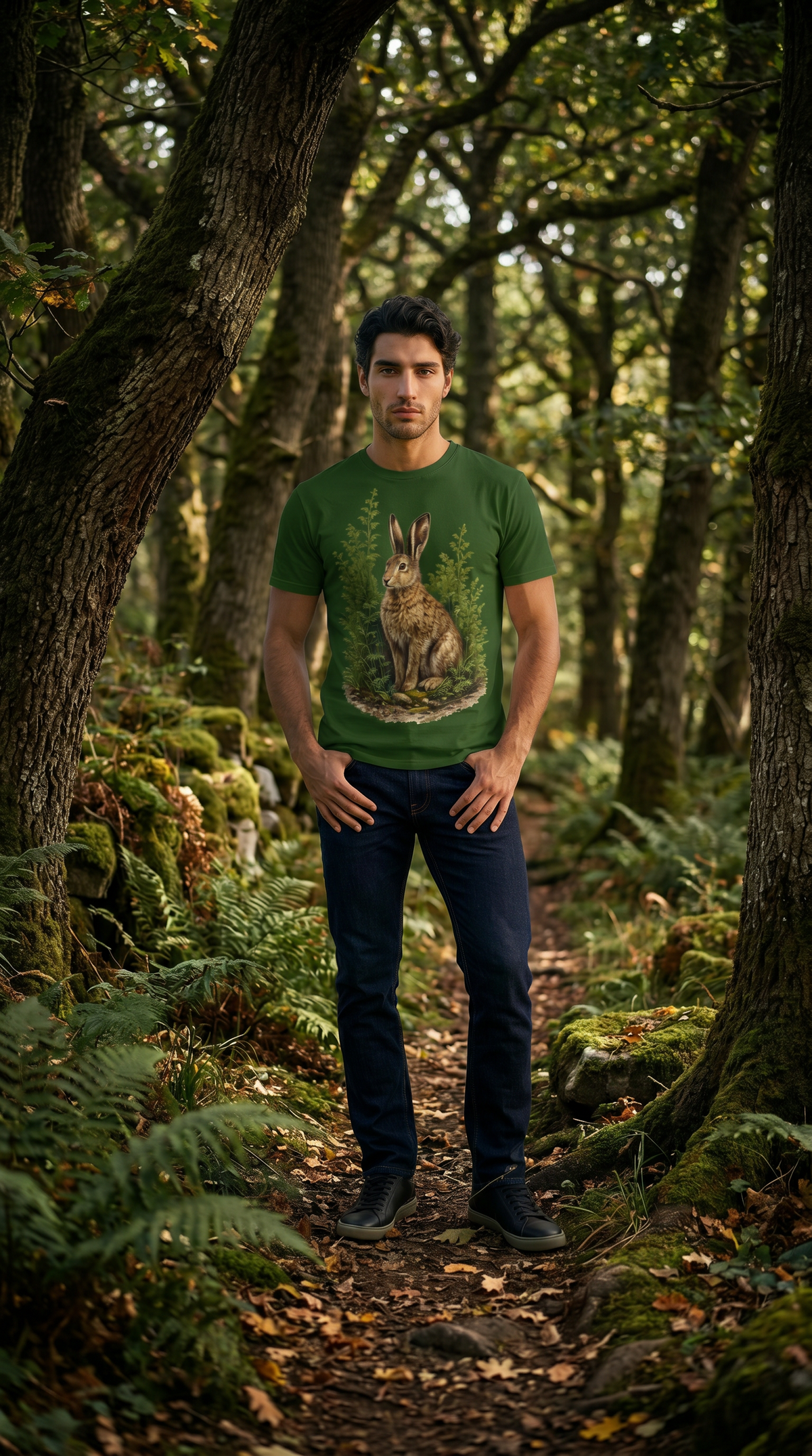 Men's Dark Green Hare T-Shirt – British Wildlife Nature-Inspired Tee