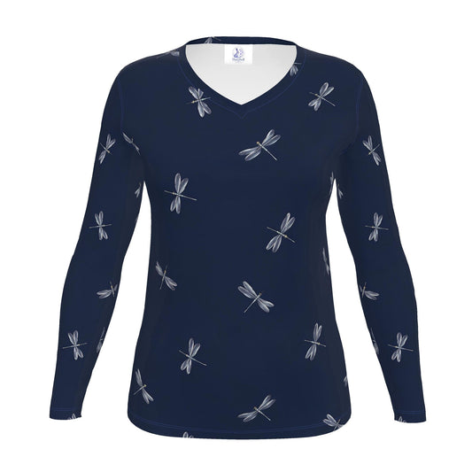 Navy Blue Dragonfly Long Sleeve T-Shirt for Women | Elegant Silver Dra