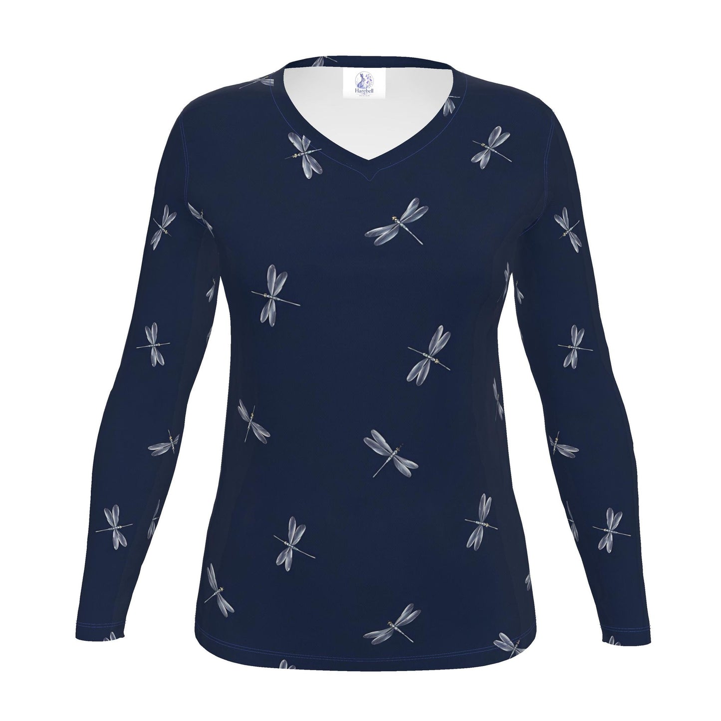 Navy Blue Dragonfly Long Sleeve T-Shirt for Women | Elegant Silver Dra