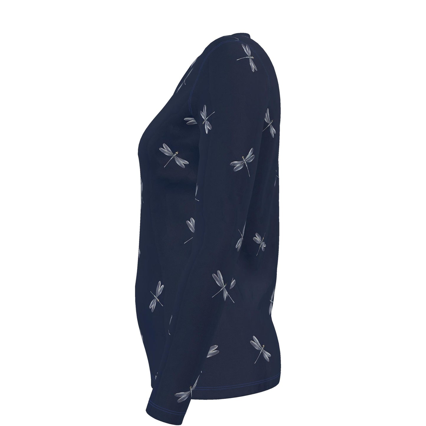 Navy Blue Dragonfly Long Sleeve T-Shirt for Women | Elegant Silver Dra