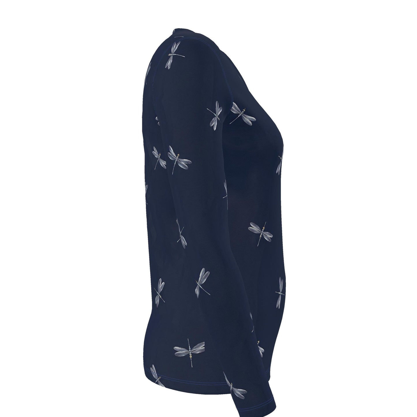 Navy Blue Dragonfly Long Sleeve T-Shirt for Women | Elegant Silver Dra
