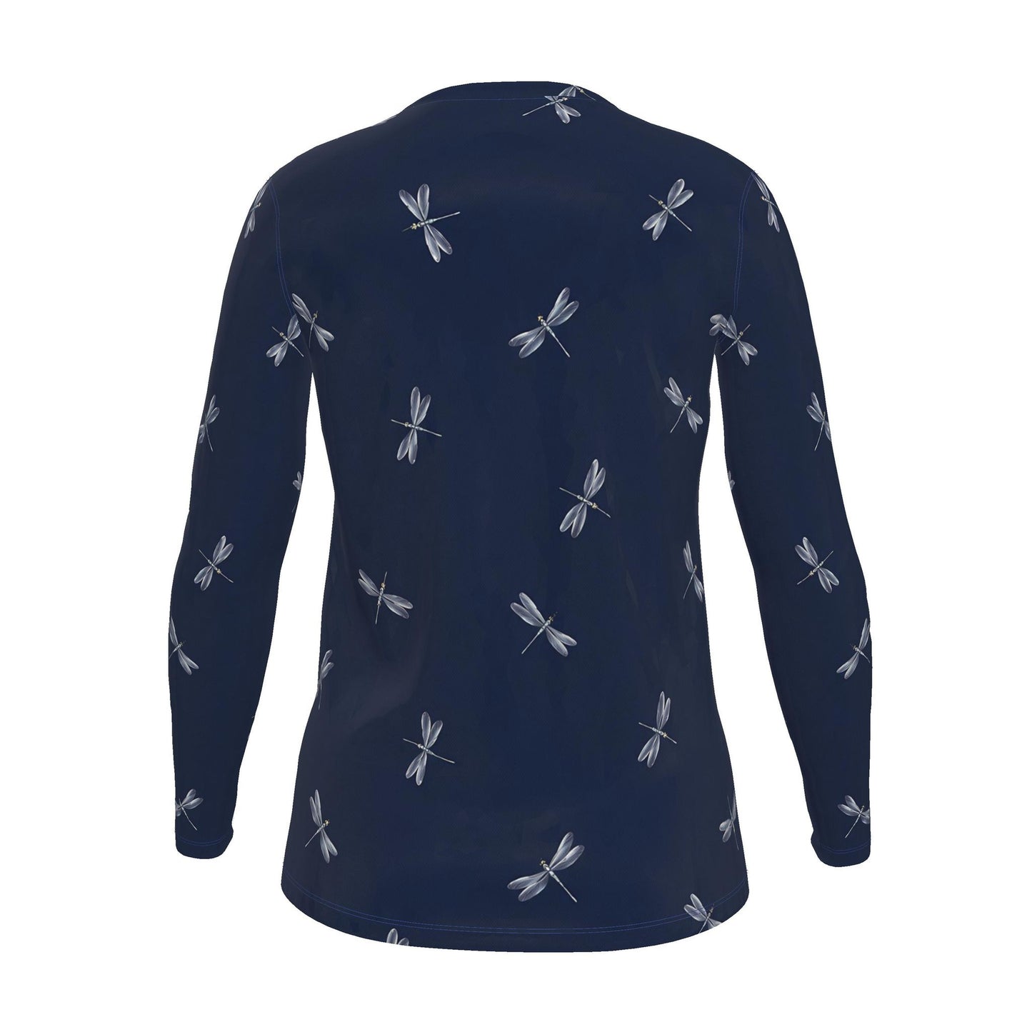 Navy Blue Dragonfly Long Sleeve T-Shirt for Women | Elegant Silver Dra