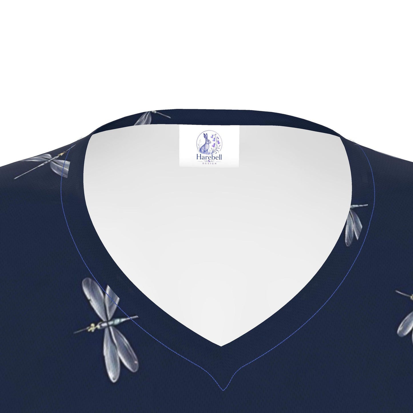 Navy Blue Dragonfly Long Sleeve T-Shirt for Women | Elegant Silver Dra