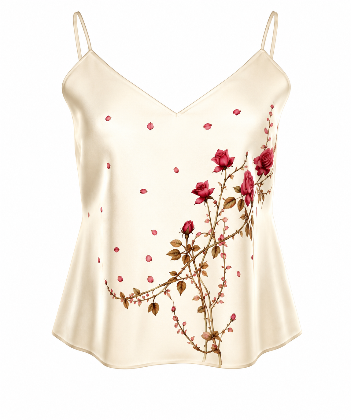 Women’s Cream Silk-Effect Rose & Petal Camisole Top – Romantic Floral