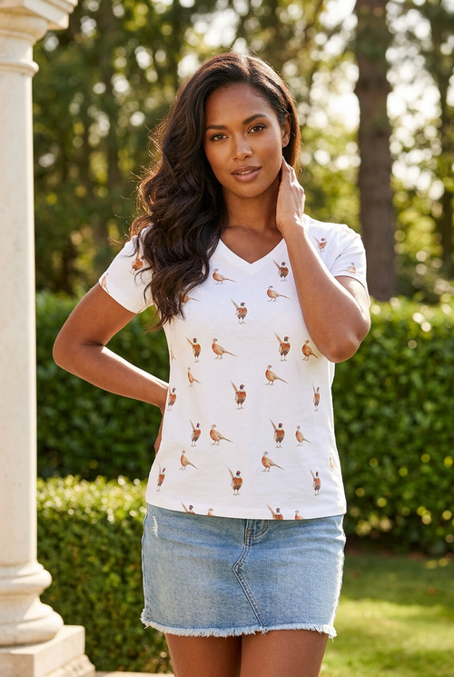 Ladies’ Country Pheasant Print V-Neck T-Shirt
