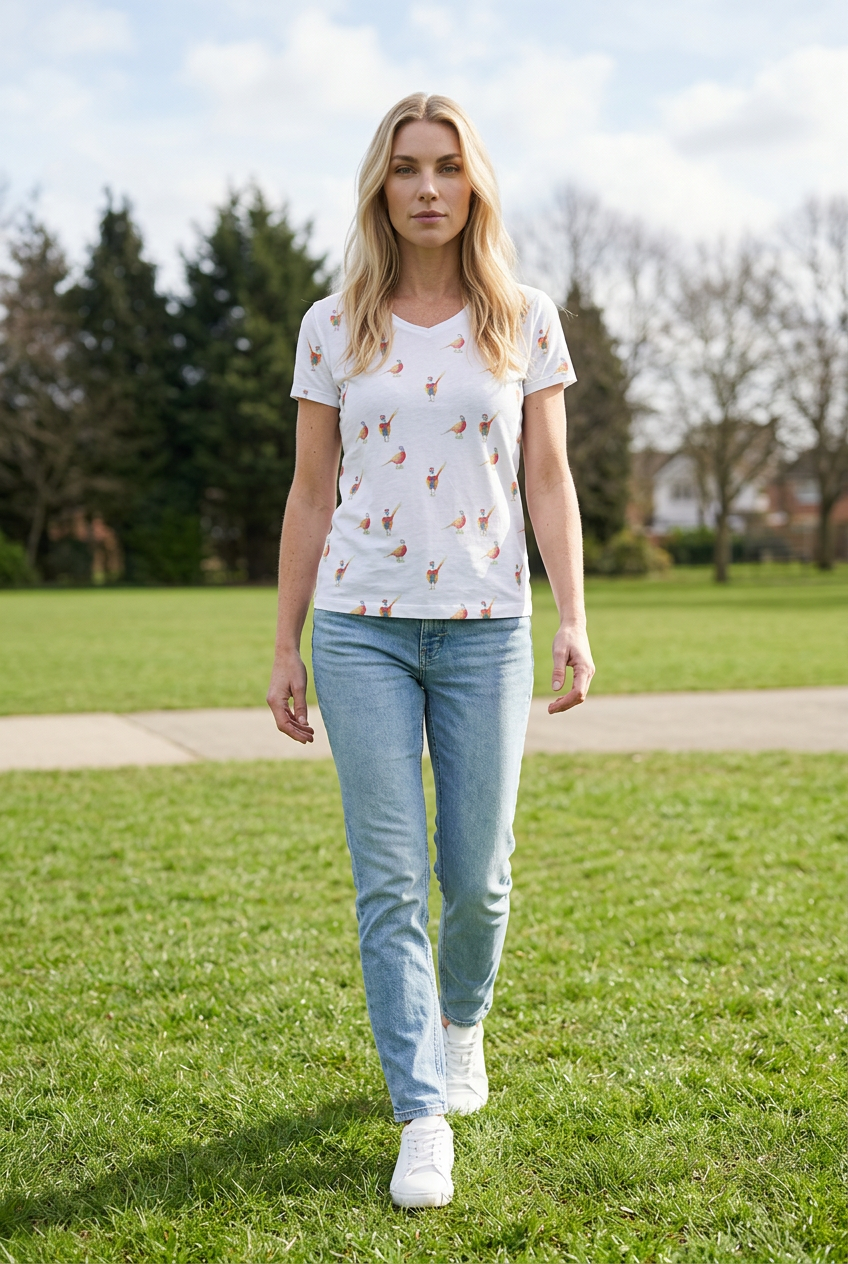 Ladies’ Country Pheasant Print V-Neck T-Shirt