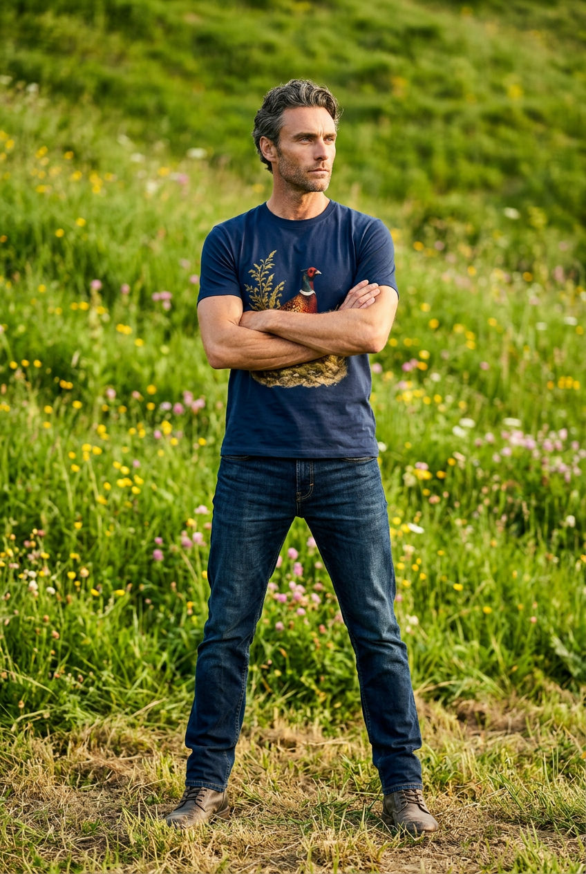 Men's Pheasant T-Shirt – Dark Blue British Wildlife & Countryside Tee