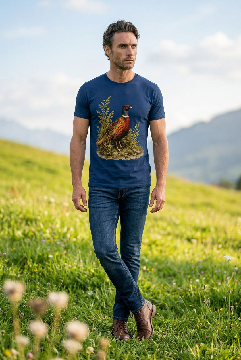 Men's Pheasant T-Shirt – Dark Blue British Wildlife & Countryside Tee