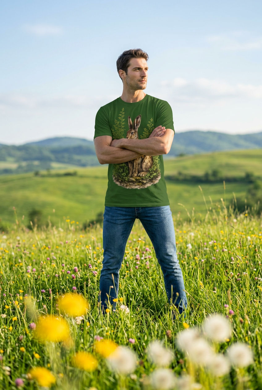 Men's Dark Green Hare T-Shirt – British Wildlife Nature-Inspired Tee