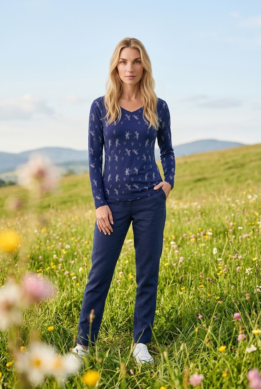 Women’s Dragonfly Print Long-Sleeve T-Shirt | Nature-Inspired V-Neck